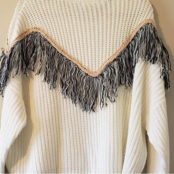 Mustard Seed Ivory Fringe Western Chunky Knit Oversized Boxy Rodeo Sweater Med - Picture 7 of 8